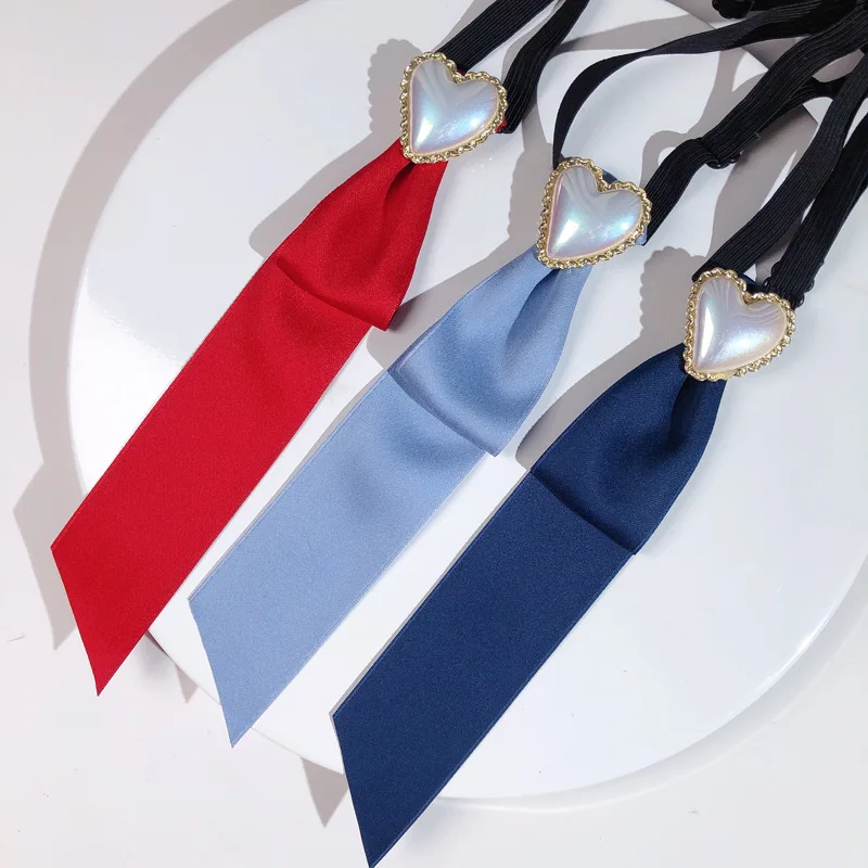 

Korean Handmade Ribbon Necktie for Women Heart-shaped Pearl Bow Tie Fashion Luxulry Jewelry Shirt Cravat Fashion Accessories