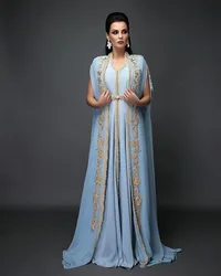 Light Sky Blue Chiffon Long Sleeve Evening Dresses Moroccan Caftan With Gold Embroidery Islamic Dubai Saudi Arabic Prom