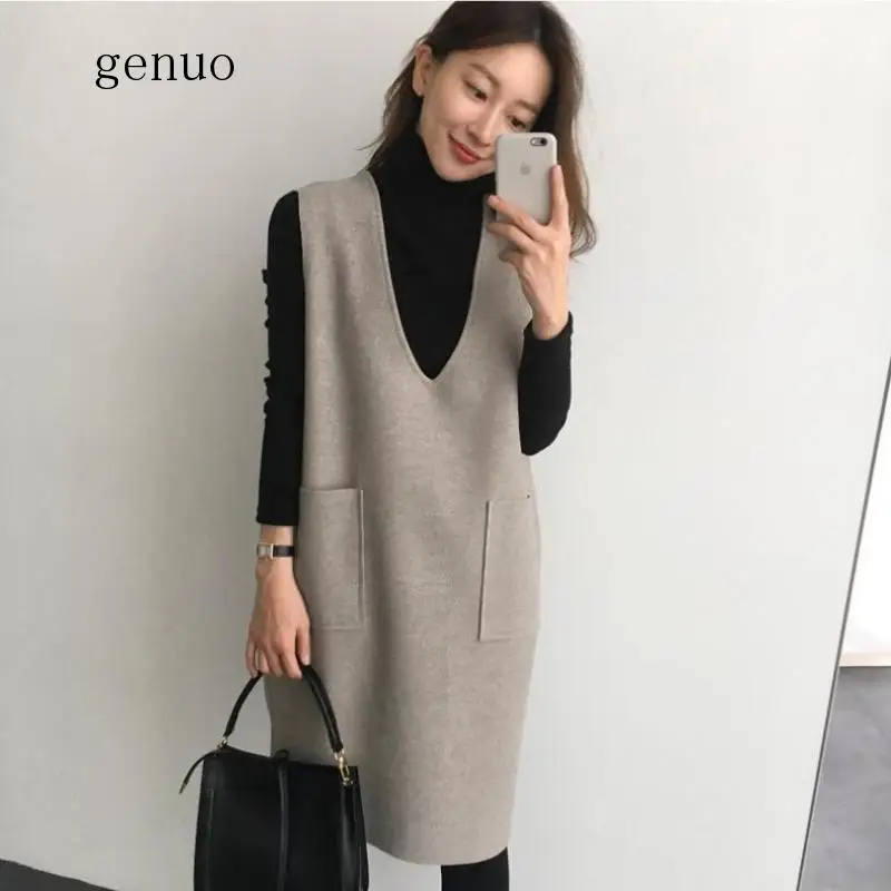 Woolen Vest Women\'s Autumn And Winter 2019 New Mid-length Loose-Fit Jumper Dress Base Dress Set Two-Piece Set