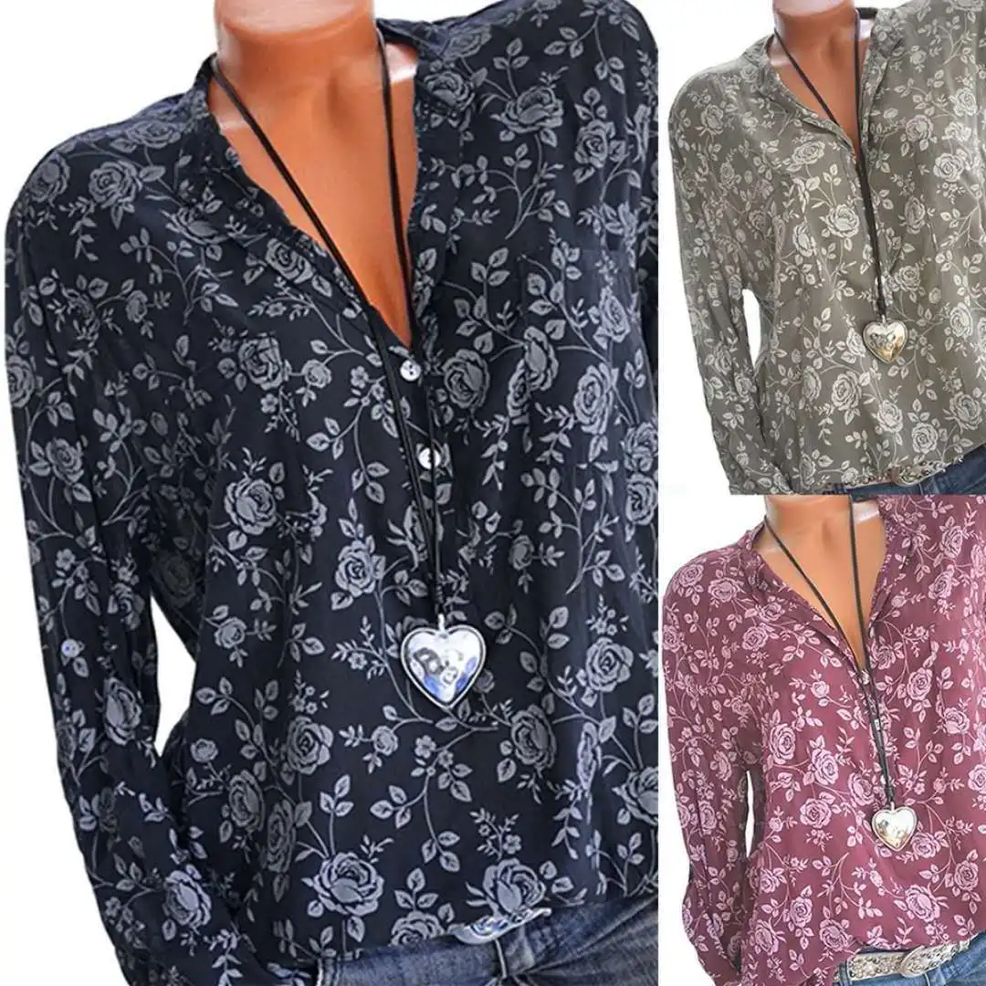 Women\'s Blouses Summer Tops New Leisure Blouse Grey Loose Flower Print V Neck Long Sleeve Shirts Elegant 5XL Plus Large Size