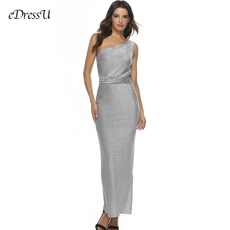 One-shoulder Evening Dress Silver Shiny Women Long Dress Glitter Maxi Dress Elegant Vestido de Fiesta Robe Lady Dress YSM-5192