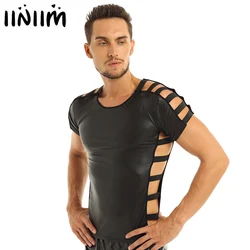 Black Mens Party T-Shirt Faux Leather Clubwear Rave Costume Cut Out Elastic Band Fashion Pullover Slim Fit Muscle T-shirt Tops