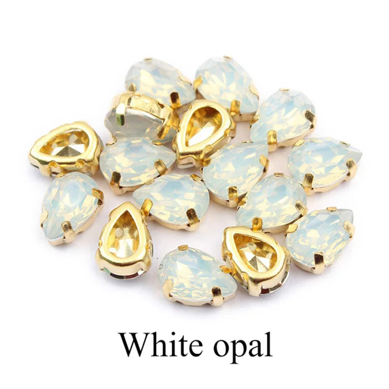 Hot sale 7X10mm 50Pcs Water drop Sew on Rhinestones White Opal color Gold claw Resin Stones For Garment DIY free shipping