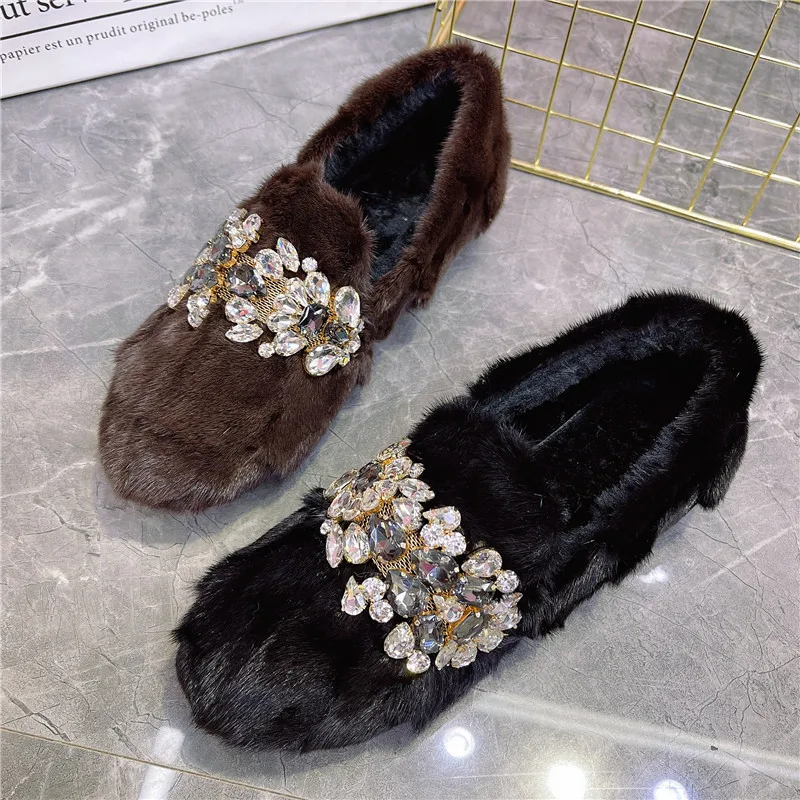 Real Mink Fur Women Loafers Casual Thick Sole Moccasins Crystal Winter Snow Shoes Woman Fur Espadrilles Flats Creepers