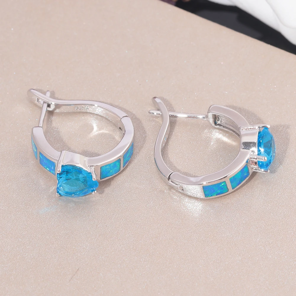 CiNily Created Blue Fire Opal Blue Zircon Silver Plated Earrings Wholesale Heart for Women Jewelry Hoop Earrings 1 1/8\