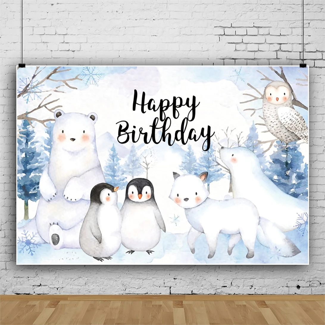Laeacco Winter Arctic Animals Baby Shower Background Snowflakes Polar Bear Penguin Kids Portrait Customized Photography Backdrop
