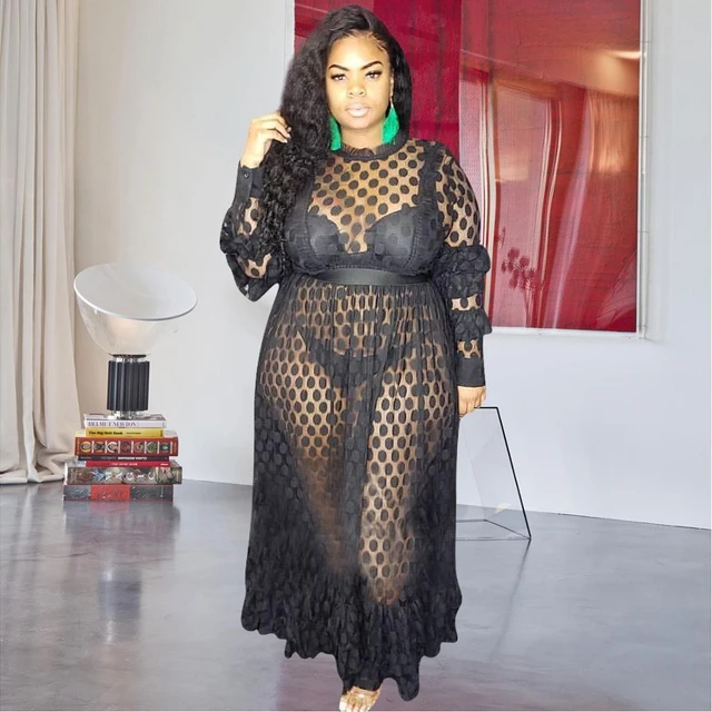 Bkld Elegant Fashion Black Polka Dot Mesh Sheer Dress Holiday Beach Style Women Sexy Bikini Cover Up Full Sleeve Maxi Long Dress Dresses AliExpress