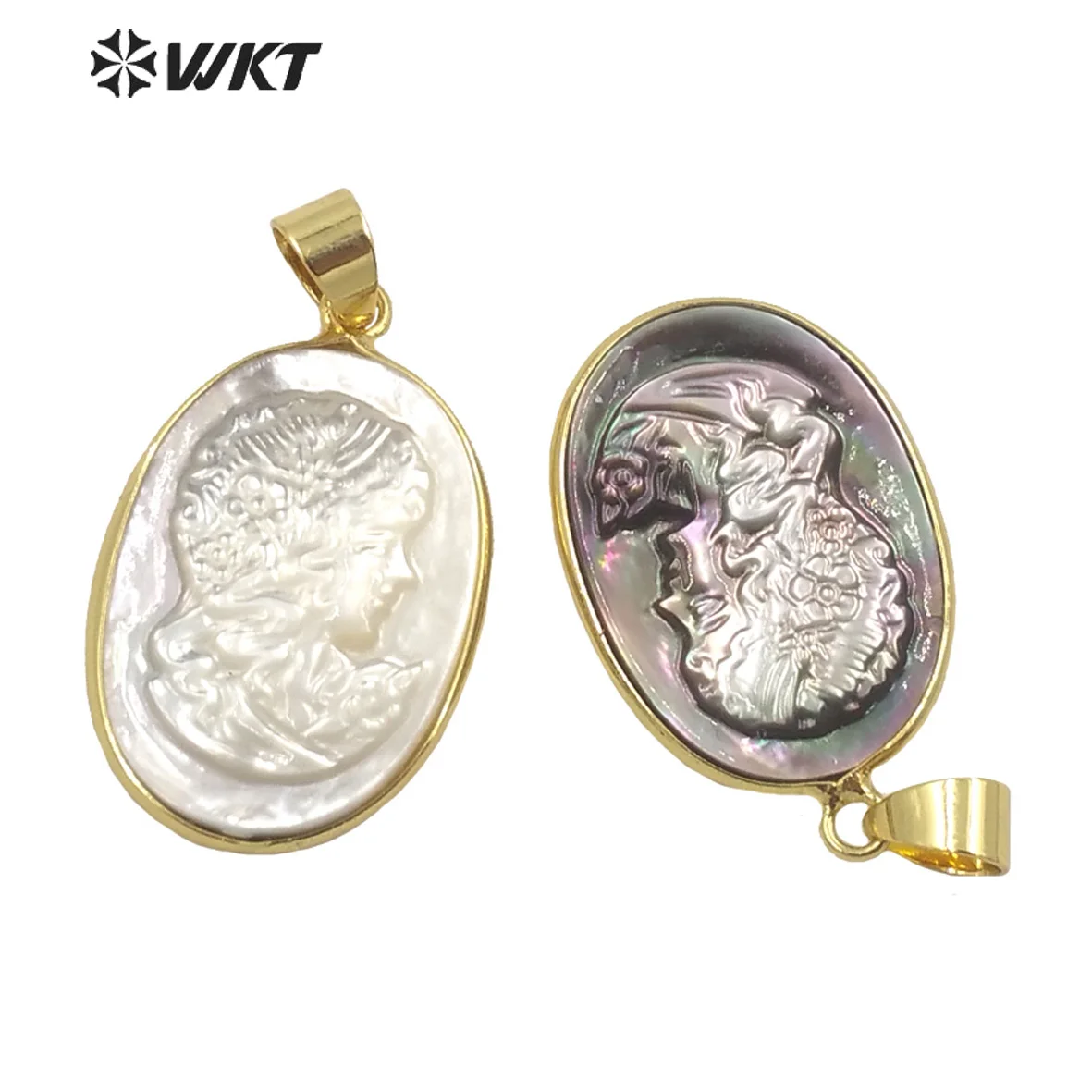 WT-JP269 Gorgeous hand-carved conch girl pattern shell oval gold metal pendant necklace earrings accessories procurement