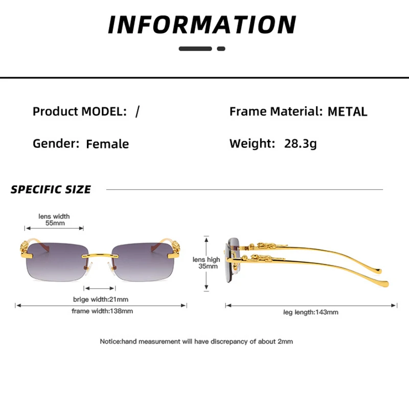 Fashion Vintage Rimless Square Sunglasses Women Men Luxury Brand Designer Popular Travel Driving Metal Leopard Head Sun Glasses