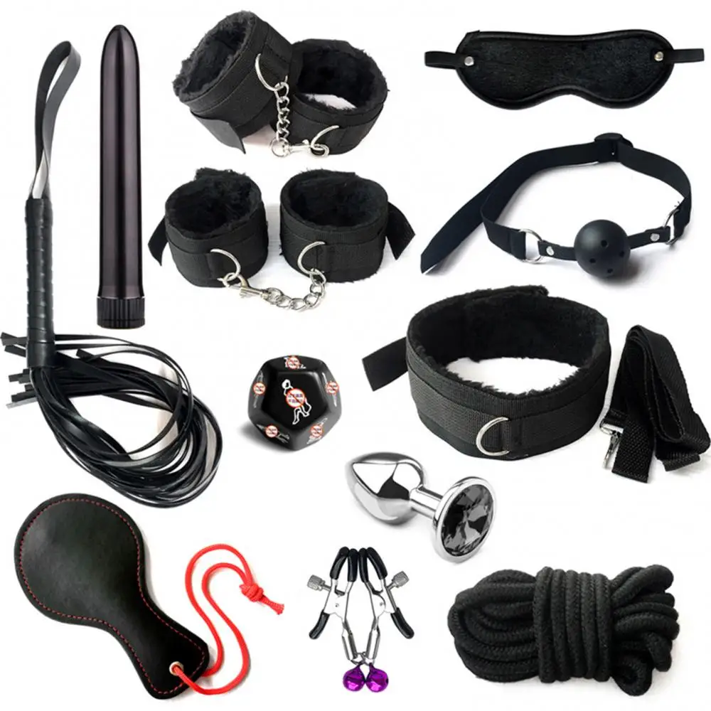 Blindfold 12Pcs/Set Sexual Bondage Handcuff Whip Adult Couple Sex Toys Tools Set Erotic Sex Toys For Adult Leather BDSM Kits