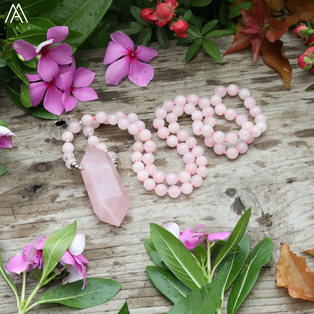 Natural Pink Quartz Double Point Pendant 8mm Round Roses Quartz 108 Prayer Beads Knotted Handmade Necklace Women Yoga Jewelry