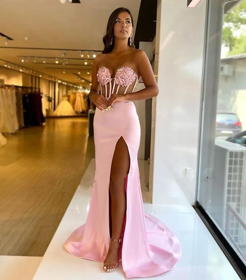 Roze/Gold Mermaid Avondjurk 2021 Bloem Applicaties Slit Prom Party Gown Arabische Dubai Celebrity Wear Robe De soiree