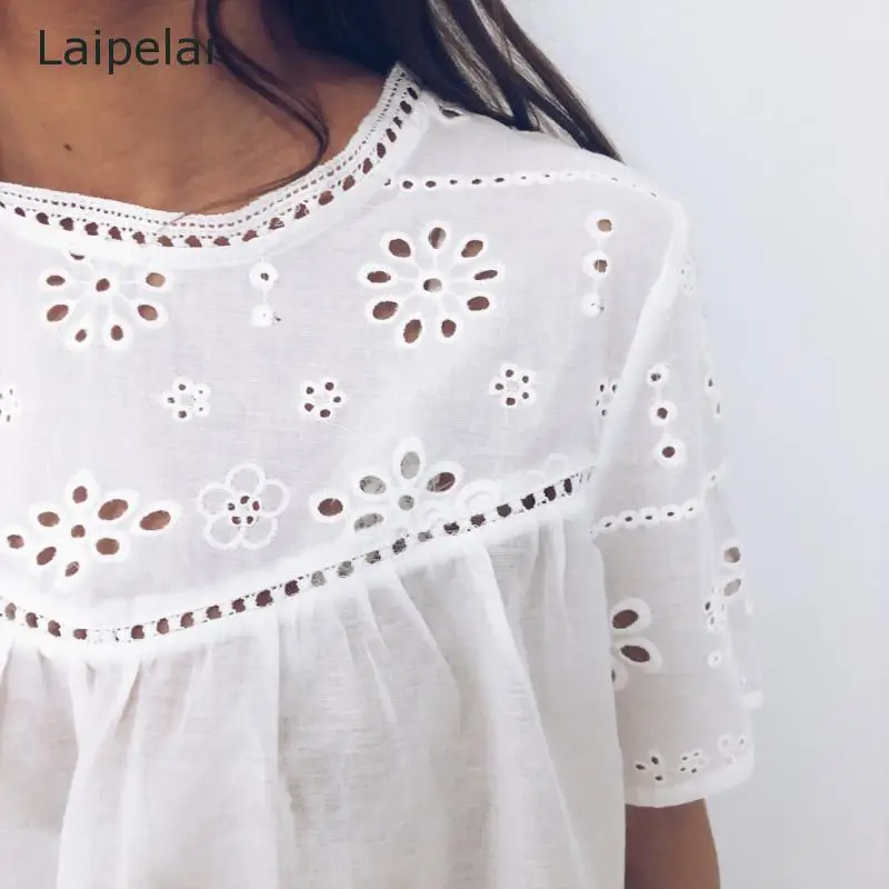 Elegante Witte Vrouwen Tops En Blouse Zomer Ruches Korte Mouwen Office Vrouwen Blosue Casual Hollow Out Dames Shirts Blusas