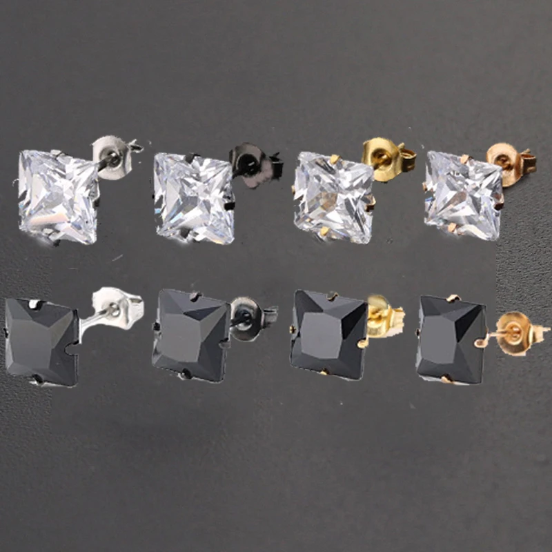 Size From 3mm To 8mm 316 L Stainless Steel With Square Clean Zircons Stud Earrings For Men And Women