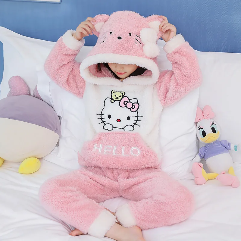 Hello Kitty children girls pajamas autumn and winter keep warm Cartoon  Plush thickened flannel Plush home clothes hooded set