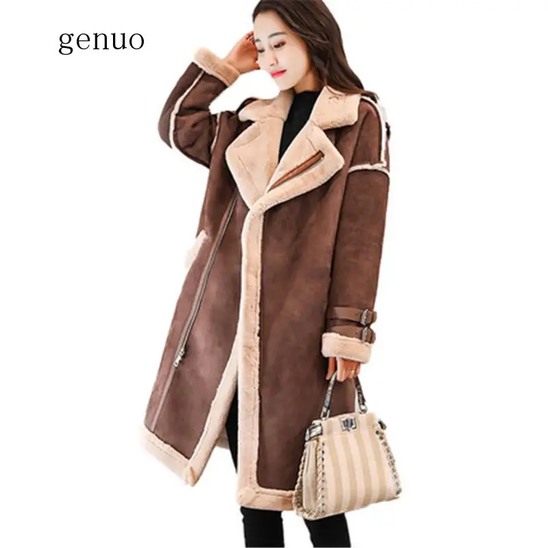 2020 Winter Female Suede Leather Jacket Women Long Deerskin Wool Motorcycle Jacket Thick Lambs Wool Warm Zip Parka Coat