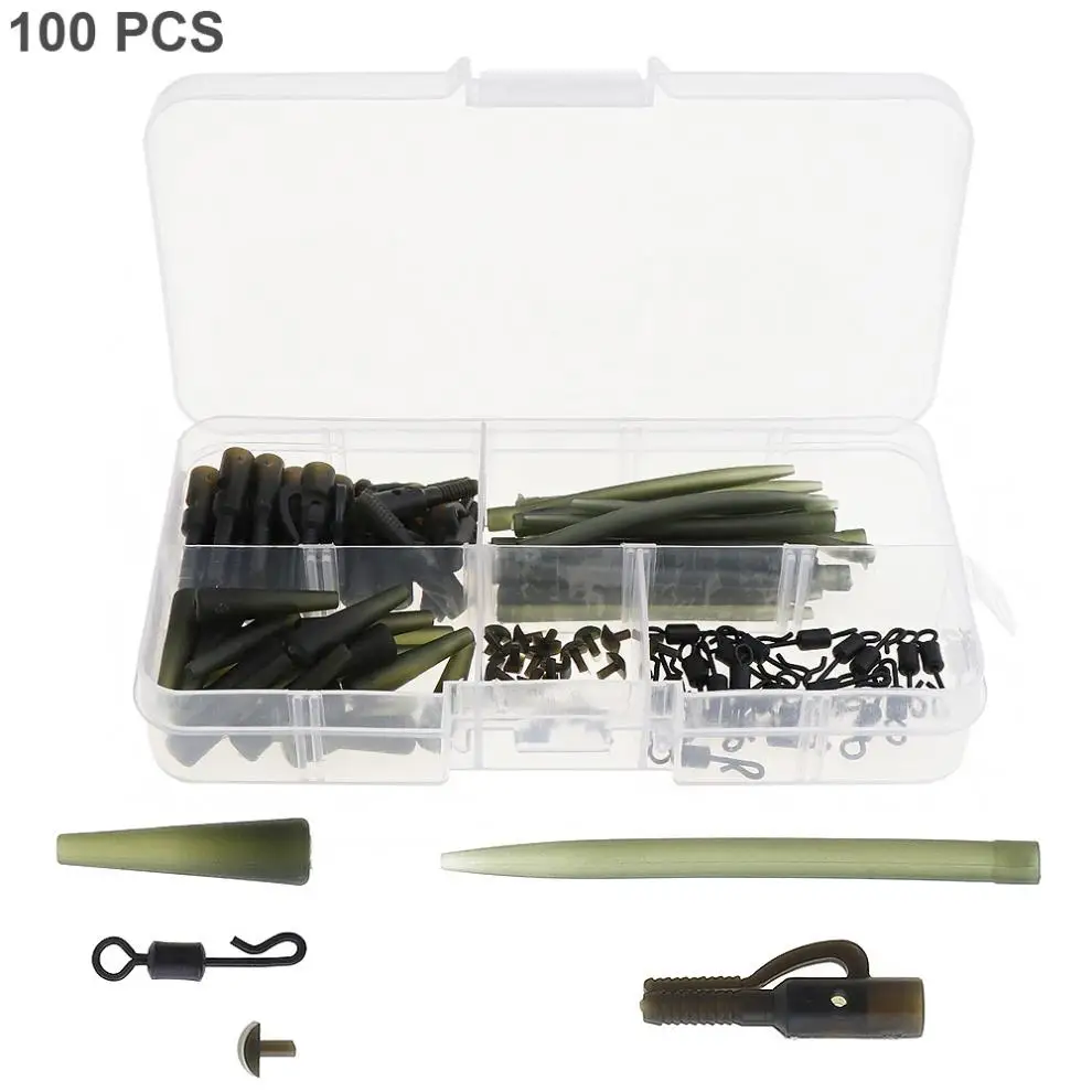 Terminal Carp Safety Clips Pins Tail Rubber Tubes Quick Change Swivels Anti Tangle Sleeves with Fishing Tackle Box 100pcs