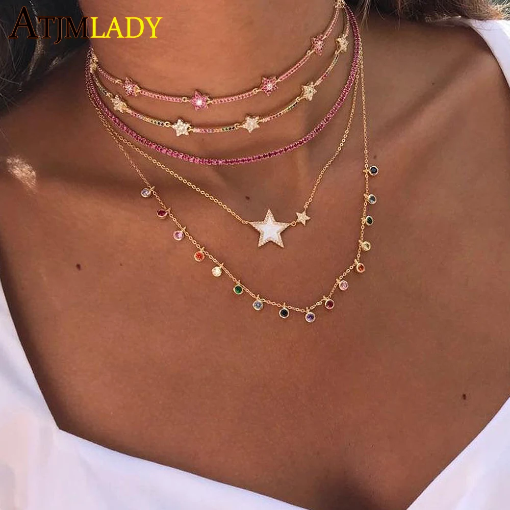 925 Sterling Silver Dainty CZ Round Bezel Drip Chandalier Layering Necklace Gold Filled Delicate Rainbow Cz Choker Jewelry