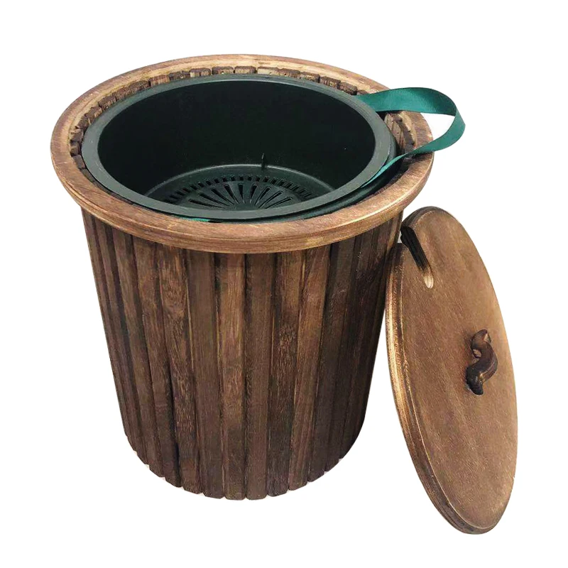 Solid wood trash can Tea Waste Bucket Residue Pressing Pop Cover Dustbin Trash Office Thickened with Lid Filter Drainage