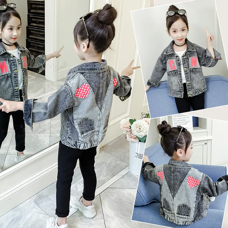 Individual Girls Fashion Denim Spliced Coat Children's Spring Fall Clothes New Outerwear Kids Love Pattern Leisure Jacket P262