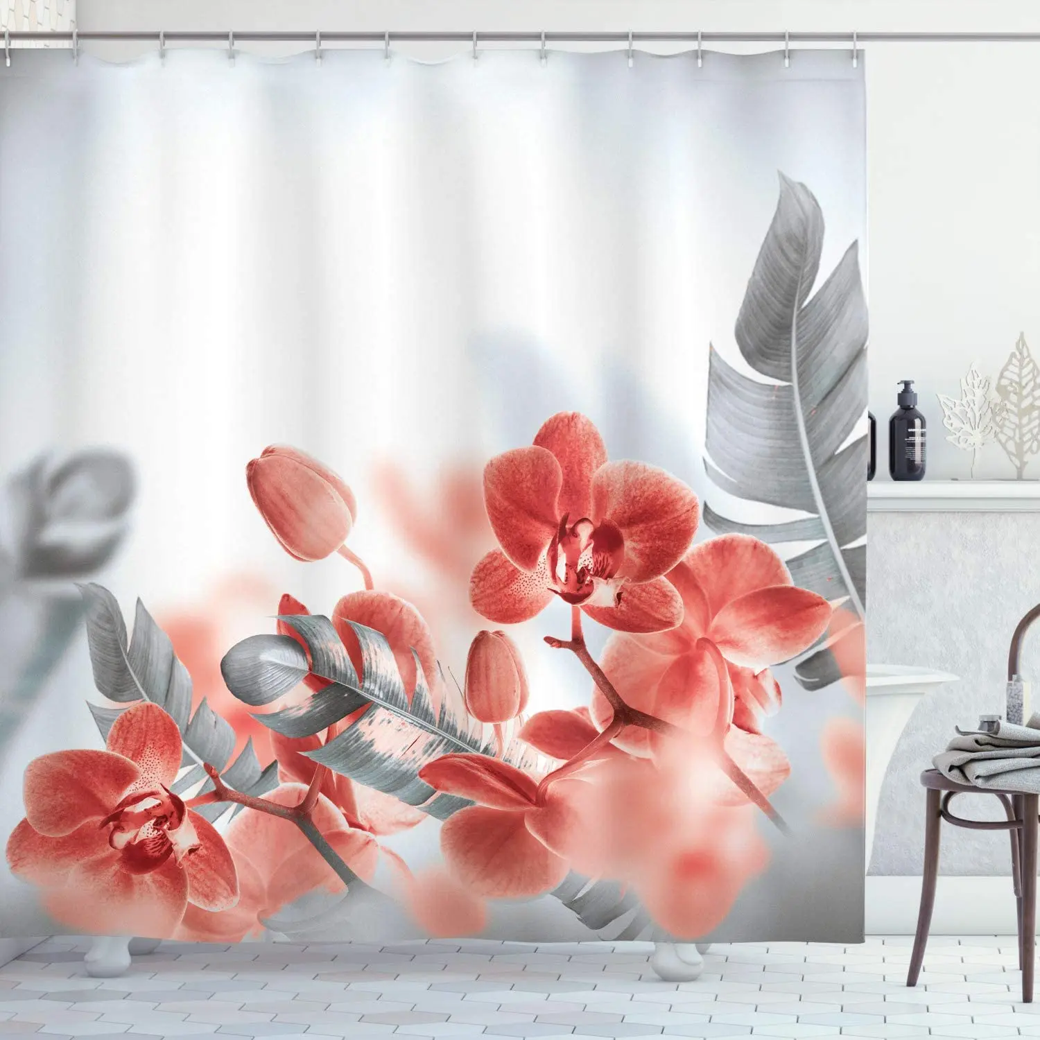 Tropical Shower Curtains Exotic Orchids Blossom Leaves on Blurred Background Floral Modern Art Cloth Fabric Bathroom Decor Set