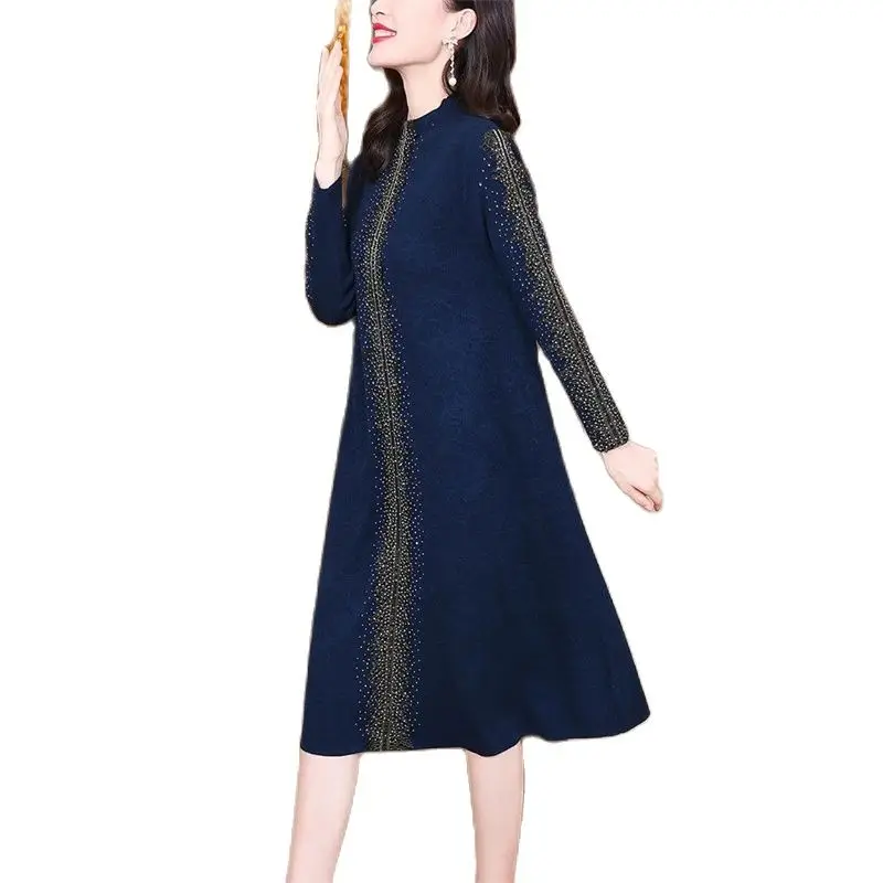 Elegant Mother Sweater Bright Silk Knitted Dress Temperament Half High Neck Loose Long Dresses Women Fashion 5XL Dark Blue