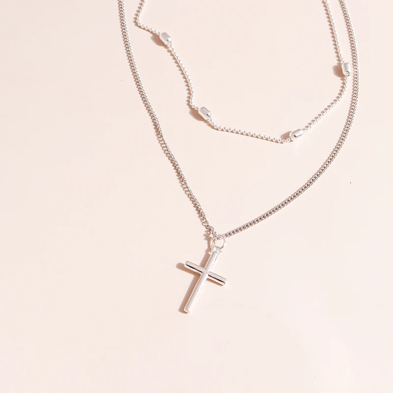 Romantic Cross Pendants Necklace for Women Gold Silver Color Multilayered Oval Beads Chain Necklace Minimalism Female Jewelry