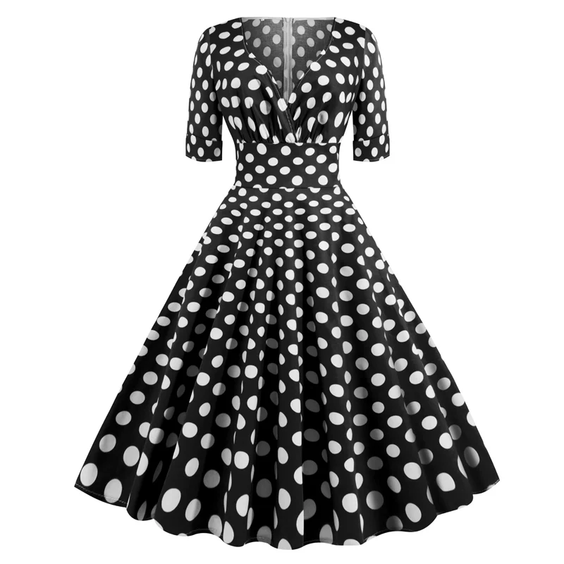 Imagem -02 - Polka Dot Impresso Verão Feminino Casual Vintage Vestido de Manga Curta v Pescoço a Linha Swing Pin up Rockabilly Sundress 50s 60s Roupas