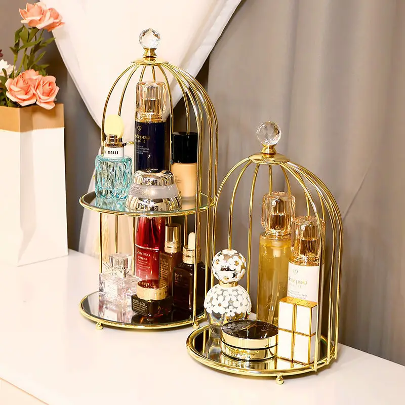 WSHYUFEI Golden birdcage rack Desktop double-layer Cosmetic Storage shelf wrought iron Dressing table Lipstick box Perfume tray