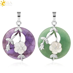 CSJA Natural Stones Pendant for Necklace Round Flower Leaf Amethysts Rose Quartz Rock Crystal Healing Tiger Eye Jewelry G384