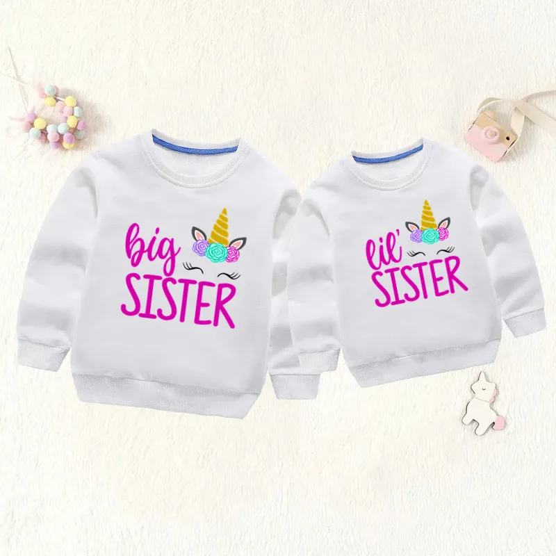 Big Sister Little Sister Kids Sweatshirts Unicorn Heart Rainbow Print Children Hoodies Sibling Matching Girls Clothes Baby Tops