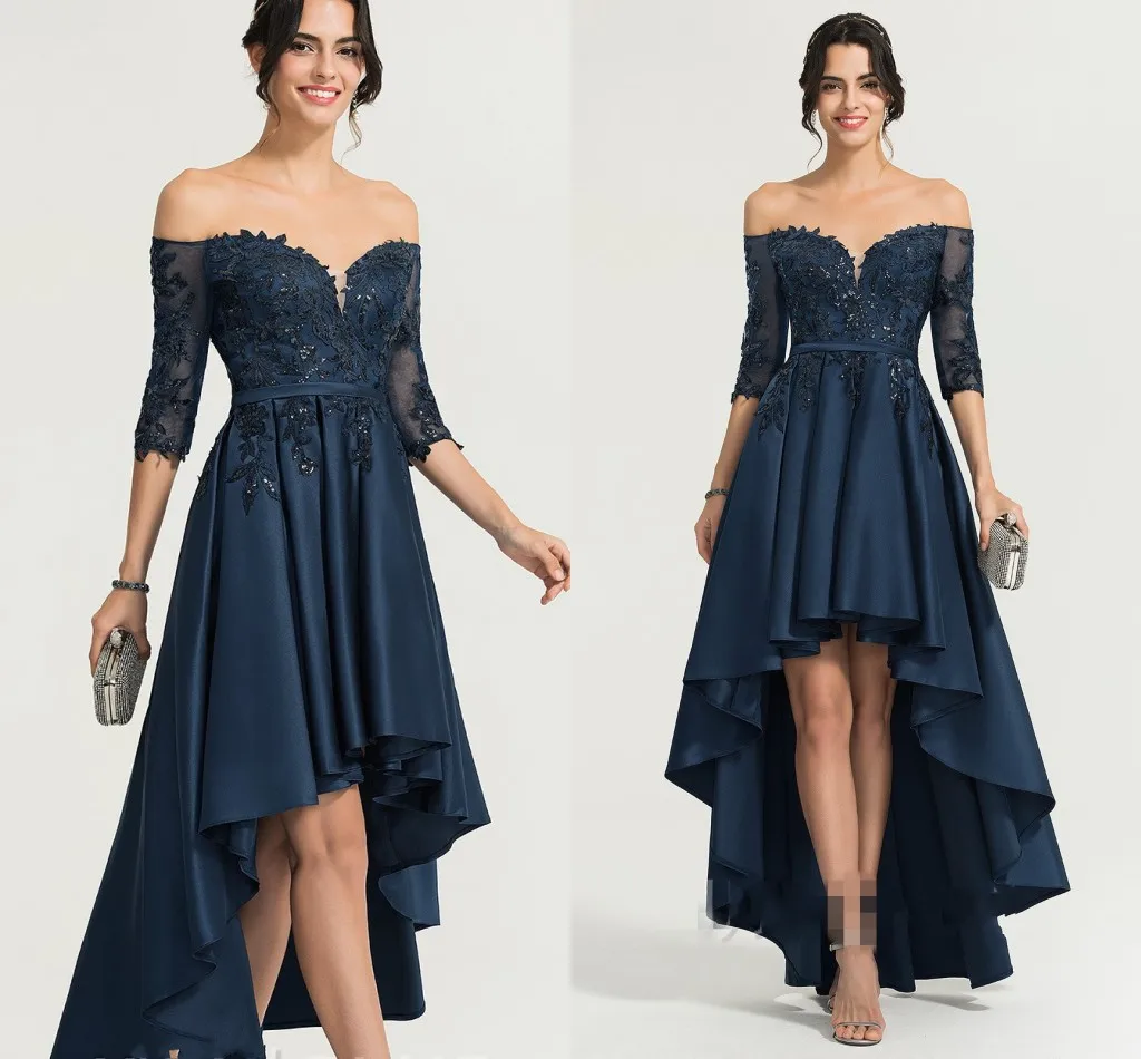 High Low Navy Blue Prom Dress Off-the-Shoulder Asymmetrical Satin Evening Party Gowns For Homecoming Customed Robes De Soirée