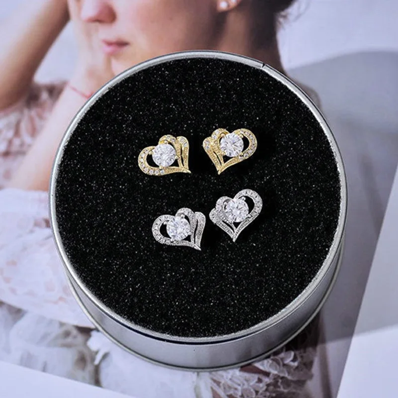 Huitan Creative Double Heart Shaped Stud Earrings with AAA White Cz Stone Romantic Women\'s Love Earrings Elegant Female Jewelry