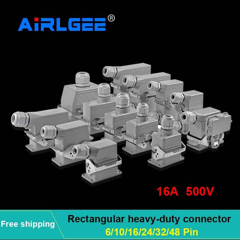 16A 500V Industrial Rectangular Heavy Duty Connector IP65 Waterproof Vertical/Lateral Line Core Aviation Plug Socket HDC-HE-24P