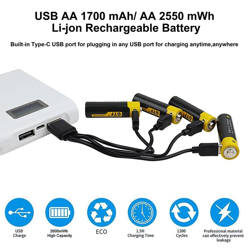 Batterie lithium-ion 4 en 1 avec câble de charge USB Type-C, indicateur de charge LED, AA, 1.5V, 1700mAh, 2550 mWh