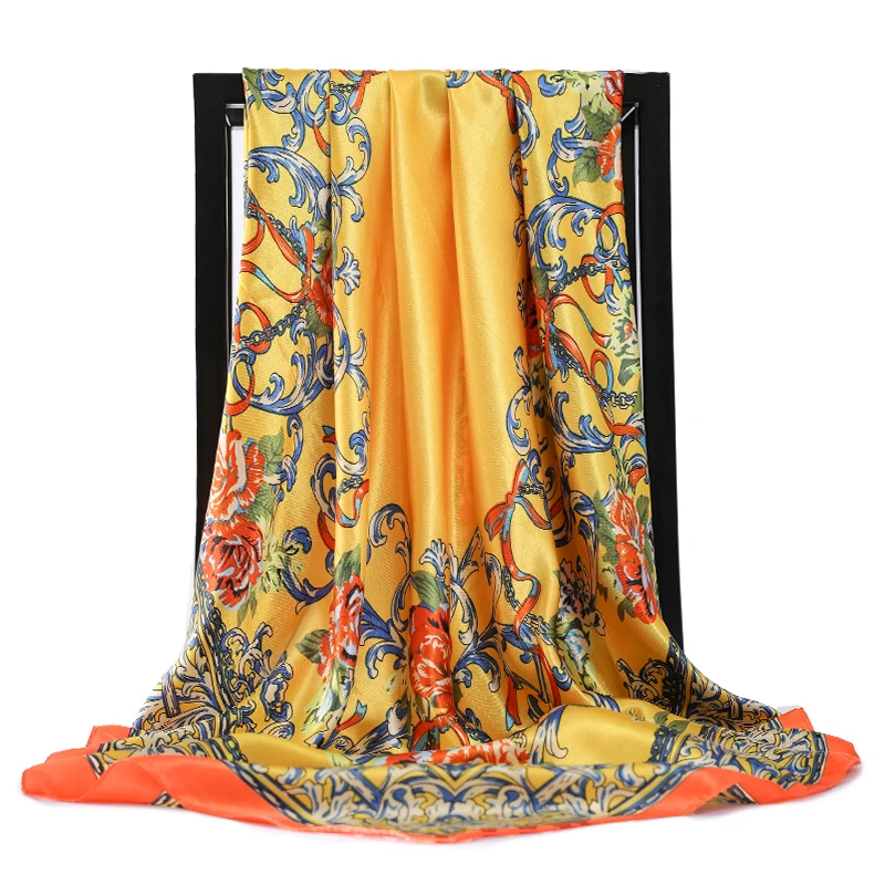 

Шелковый шарф, модный платок из фуляра, атласная шаль, шарфы, большой размер 90*90 см, квадратные шелковые шарфы для волос/головы, Женская бандана для женщин на весну