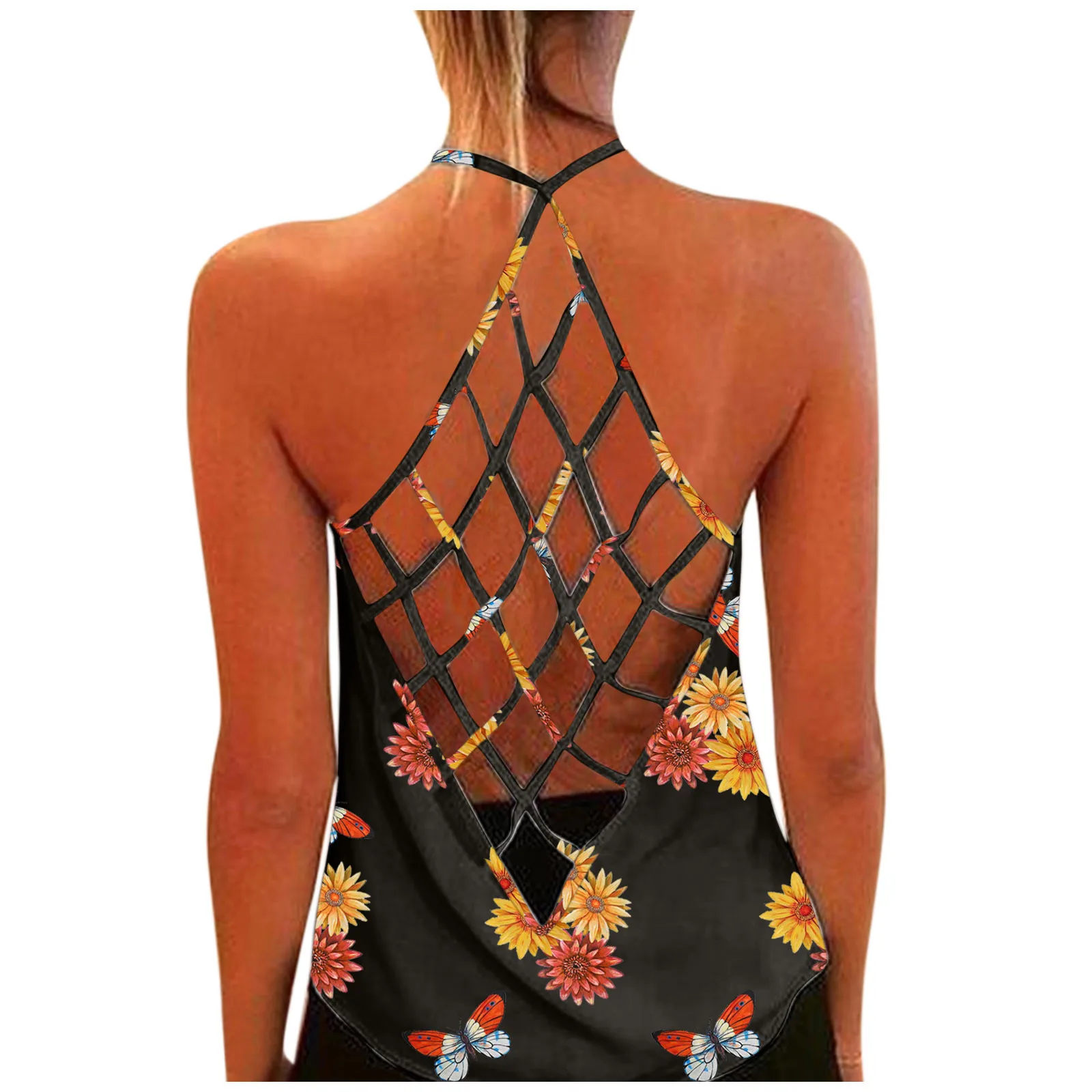 Womens Blouses Sunflower Print Solid Color O-Neck Sleeveless Sexy Blouse Vest Blouses Fashion Hollow Open Back Loose Blouses