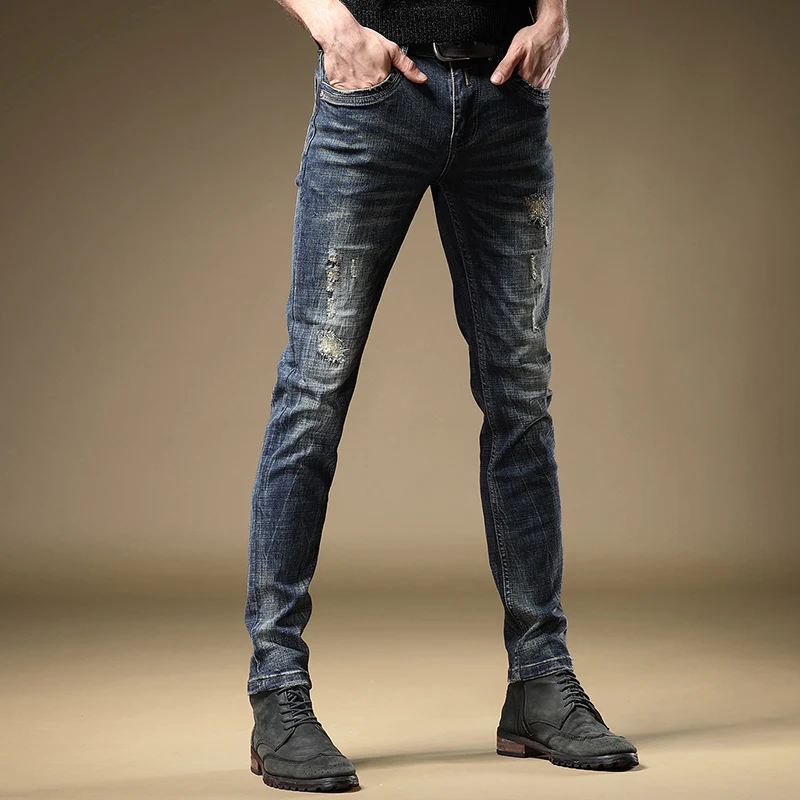Autumn New Men's Blue Ripped Jeans Fashion Straight Slim Fit Pants Korean Style Distressed Denim Trousers