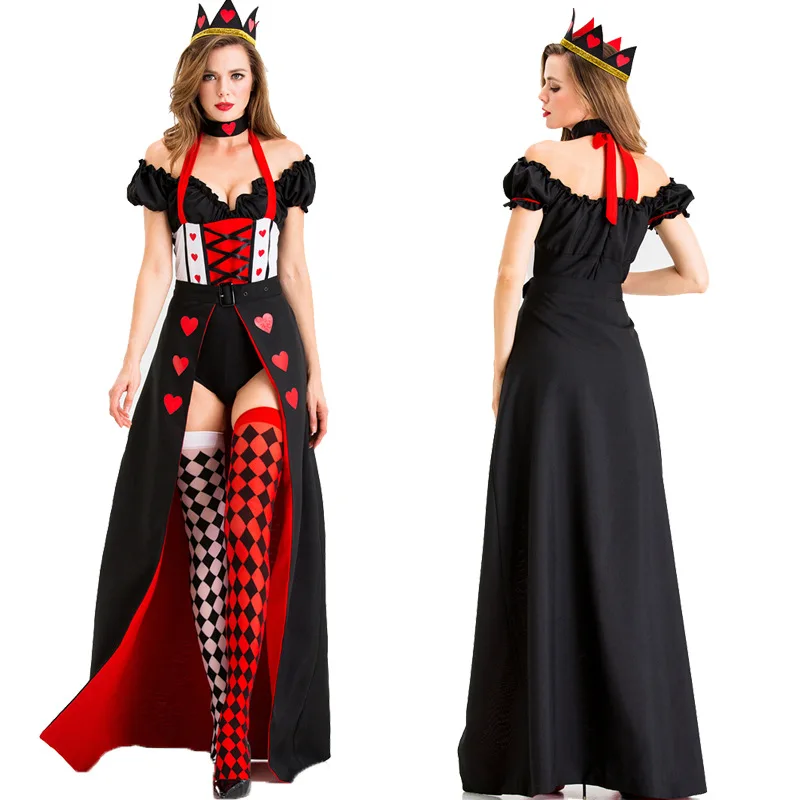 

Sexy Alice in Wonderland Queen of Hearts Costume Poker Queen Cosplay Costumes Women Halloween Costumes for Women with stocking