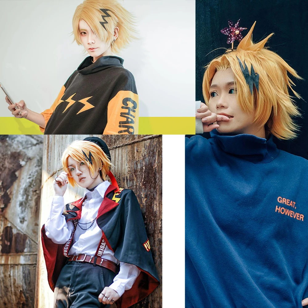 วิกผมคอสเพลย์ kaminari Denki คอสเพลย์ My HERO Academy ของฉันชุดเล่นวิกผมฮาโลวีน