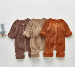 New Winter Fall Baby Kids Cotton Warm Rompers Solid Color Long Sleeve Button Knitted Swearter Rompers Warm Baby Clothing 2023