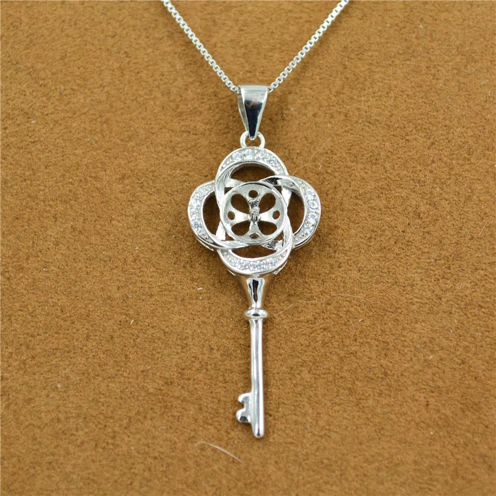 

S925 sterling silver key sweater chain pendant setting inlaid freshwater pearls mounts wholesale DZ047