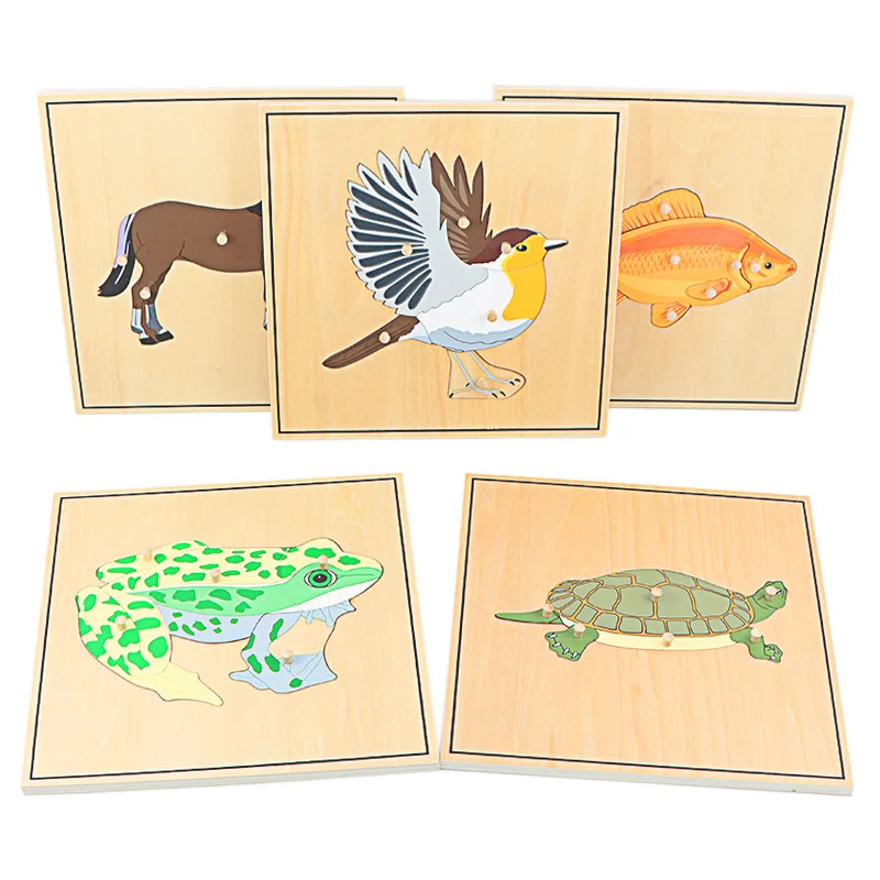 Children Educational Toys Montessori Materials Biology Wooden Skeleton Puzzle Frog Horse Tortiose Fish Bird Animal Toys for Boy