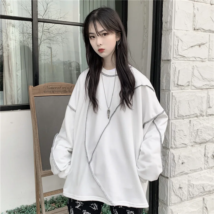 Y Demo Harajuku Streetwear Women Long Sleeve T-shirt Casual O-neck Irregular Patchwork Sweatshirt Oversized Fleece