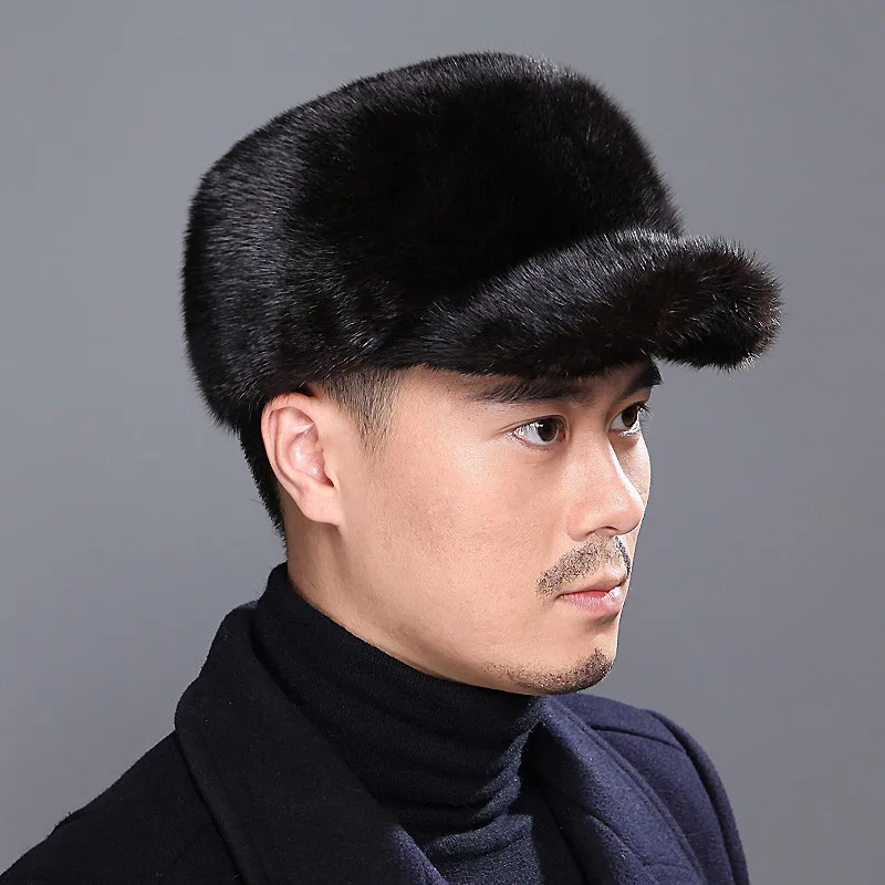 

Men's Leather Straw Hat Winter Mink Fur Warm Earmuffs Aviator Hat Plus Velvet Flat Top Cap Cap Outdoor Thick Warm Cotton Cap