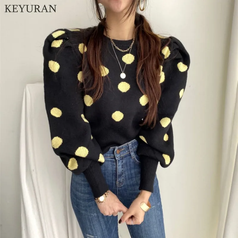 Korean Chic Puff Sleeve Sweater Women Stylish 2024 Autumn Winter Polka Dot Pullover Sweater Women\'s Knitwear Jumper Tops Lady