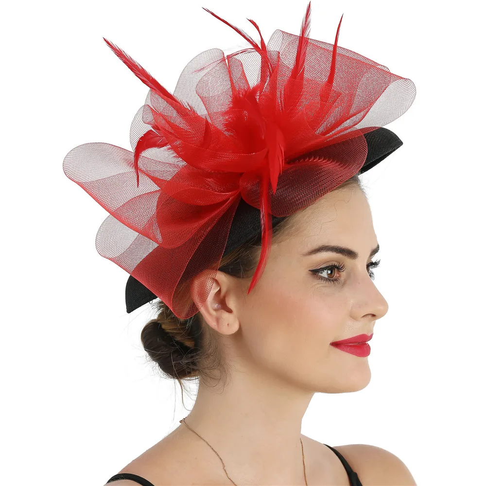 Sombrero de ala ancha para mujer, tocado grande con lazo rojo, accesorios para boda, iglesia, fiesta, barato