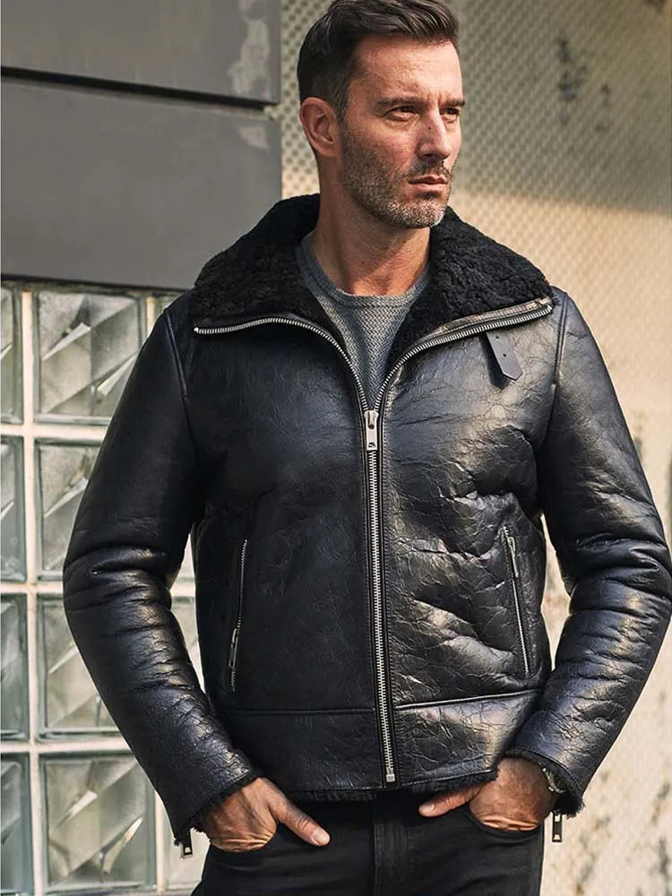 New Mens Shearling Coat Black Leather Jacket Short Fur Outwear Slim Winter Motorcycle Overcoat