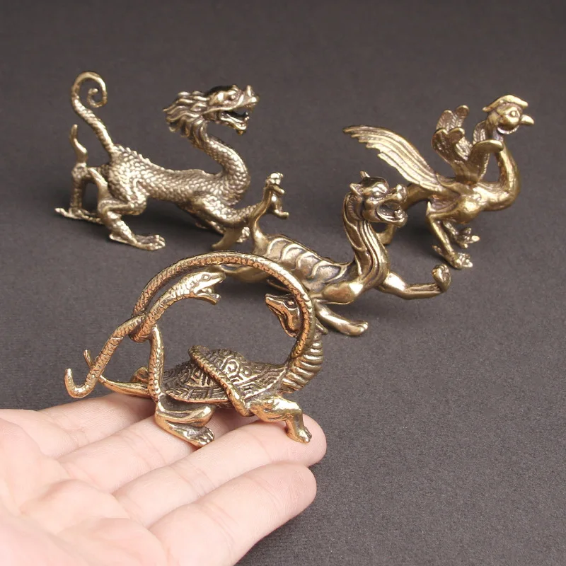 Brass Chinese Four God Beasts Dragon Small Ornament Animal Figurines Feng Shui Home Decor Crafts Desk Decoration Accessories