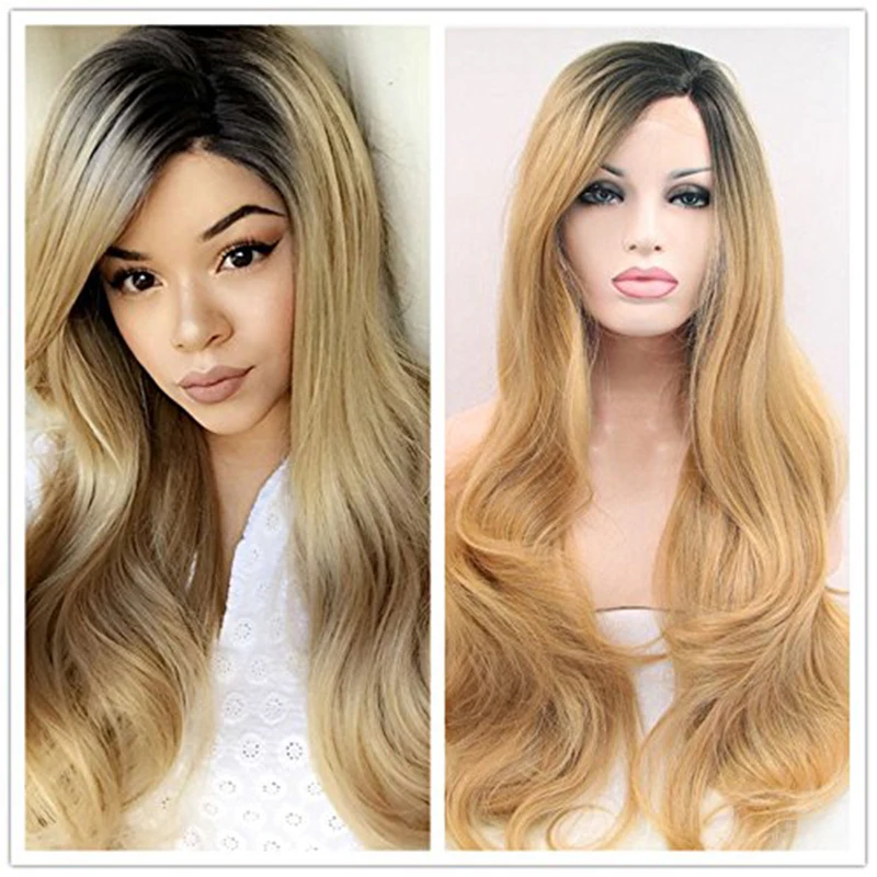 Blonde Brown Curly Synthetic Lace Front Wig Middle Deep Part Cosplay Long Body Wave Hair Frontal Glueless Wigs For Black Women